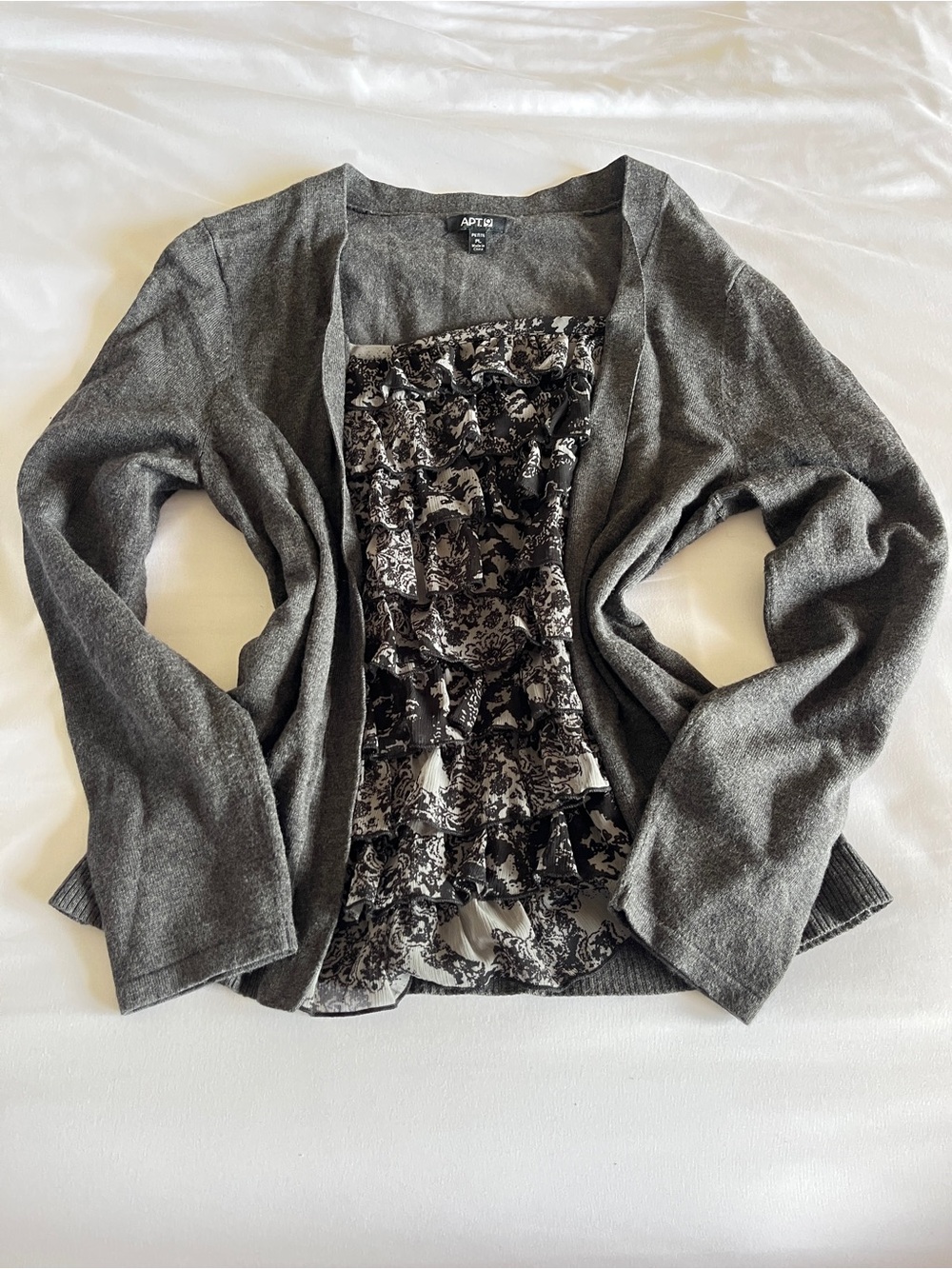 Apt. 9 Charcoal Gray Ruffle Tiered Faux Twinset Cardigan Sweater Petite PL